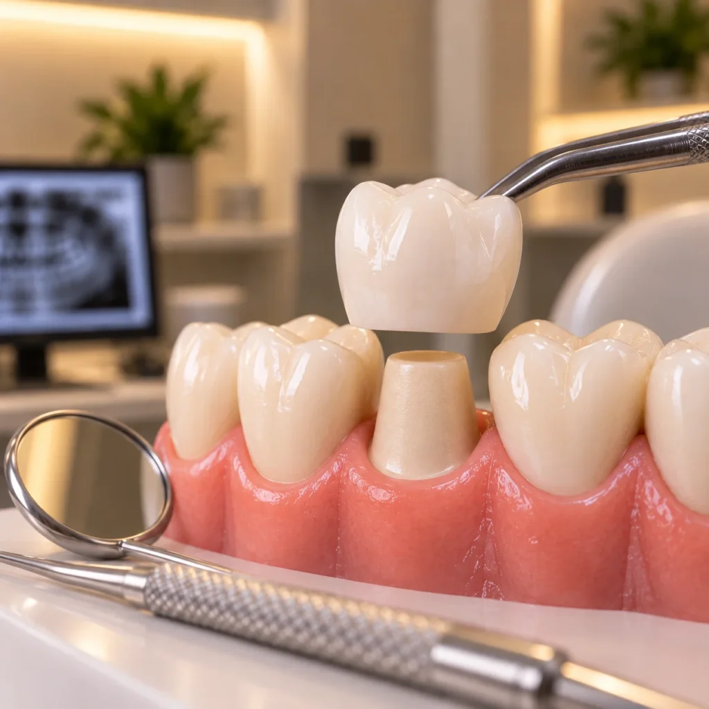 Coroa dentária de porcelana para restauração de um dente