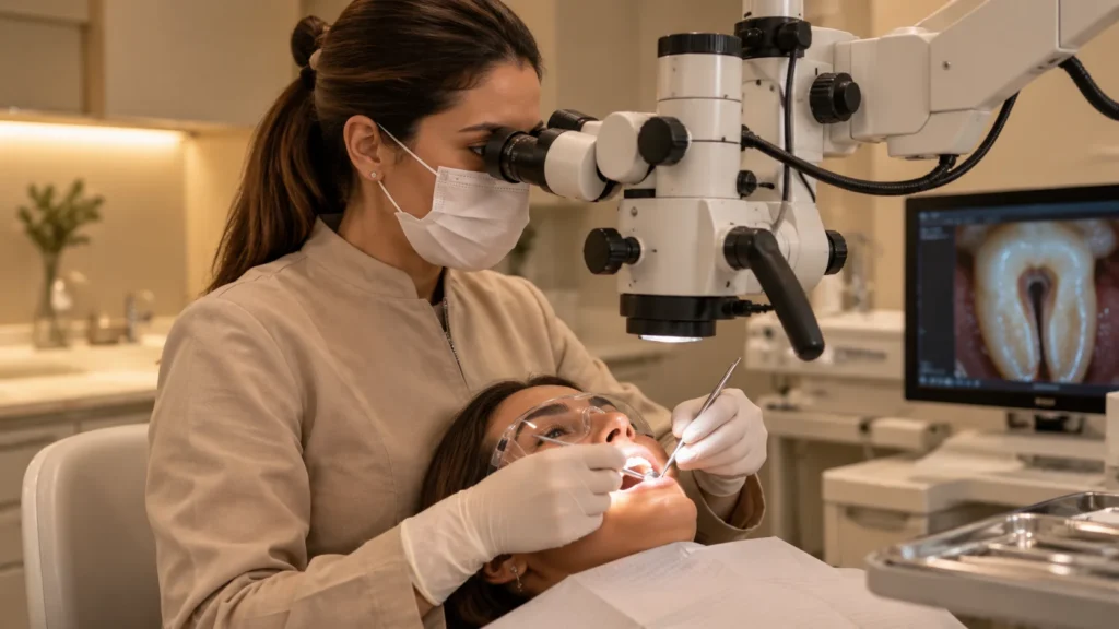 Dentista utilizando microscópio operatório durante tratamento de canal em clínica de Ipanema